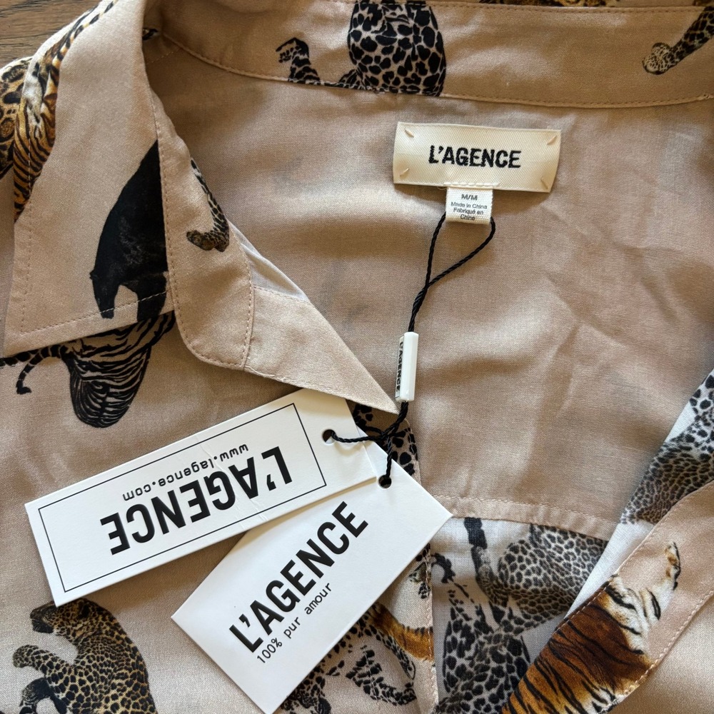 L'AGENCE Women Brown Multi Animal Print Button Down Shirt Size M NWT - Picture 6 of 8